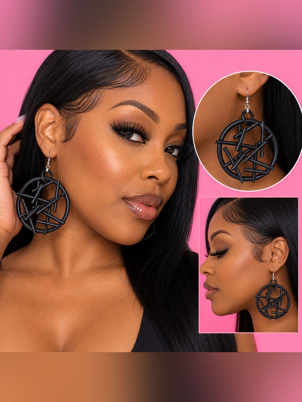 Black Geometric Circle Drop Earrings - Women Jewelry